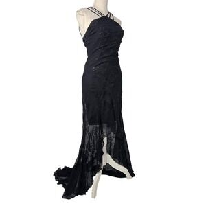 Vtg 80s‎ Carlo Black Lace Sequin Halter Maxi Dress Gown Formal Evening Size L